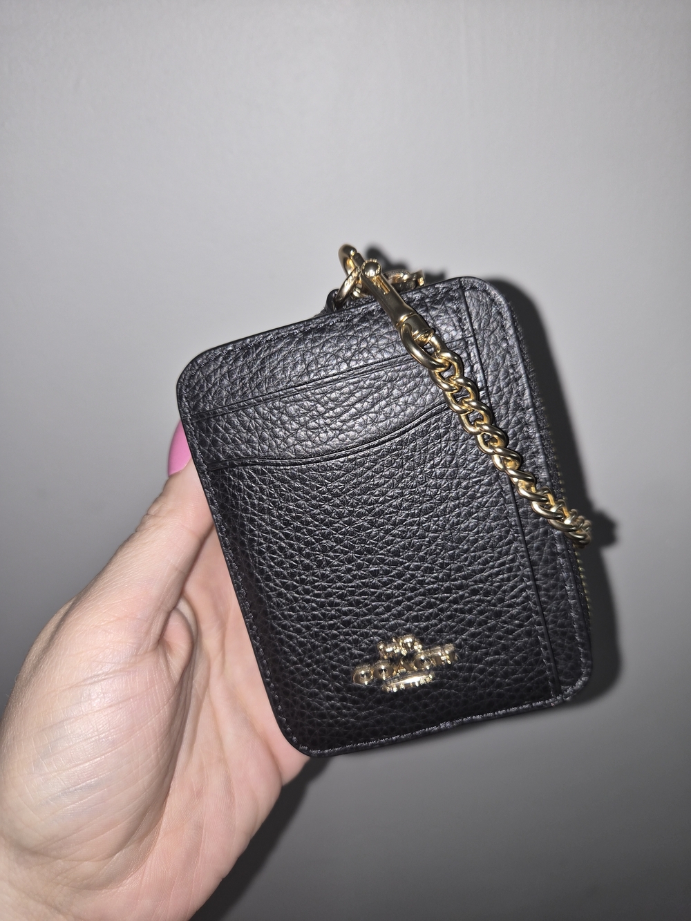 Coach Side Zip Wallet in Black Pebbled Leather with Gold Hardware